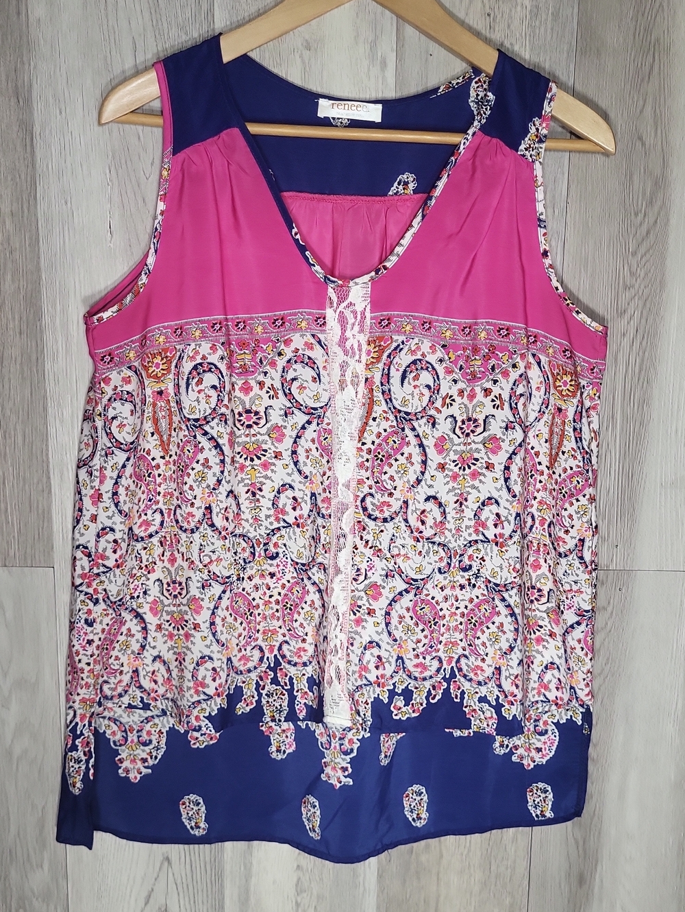Renee C Boho Paisley Lace Colorblock Festival Tank Top Pink Navy Resort Vacation